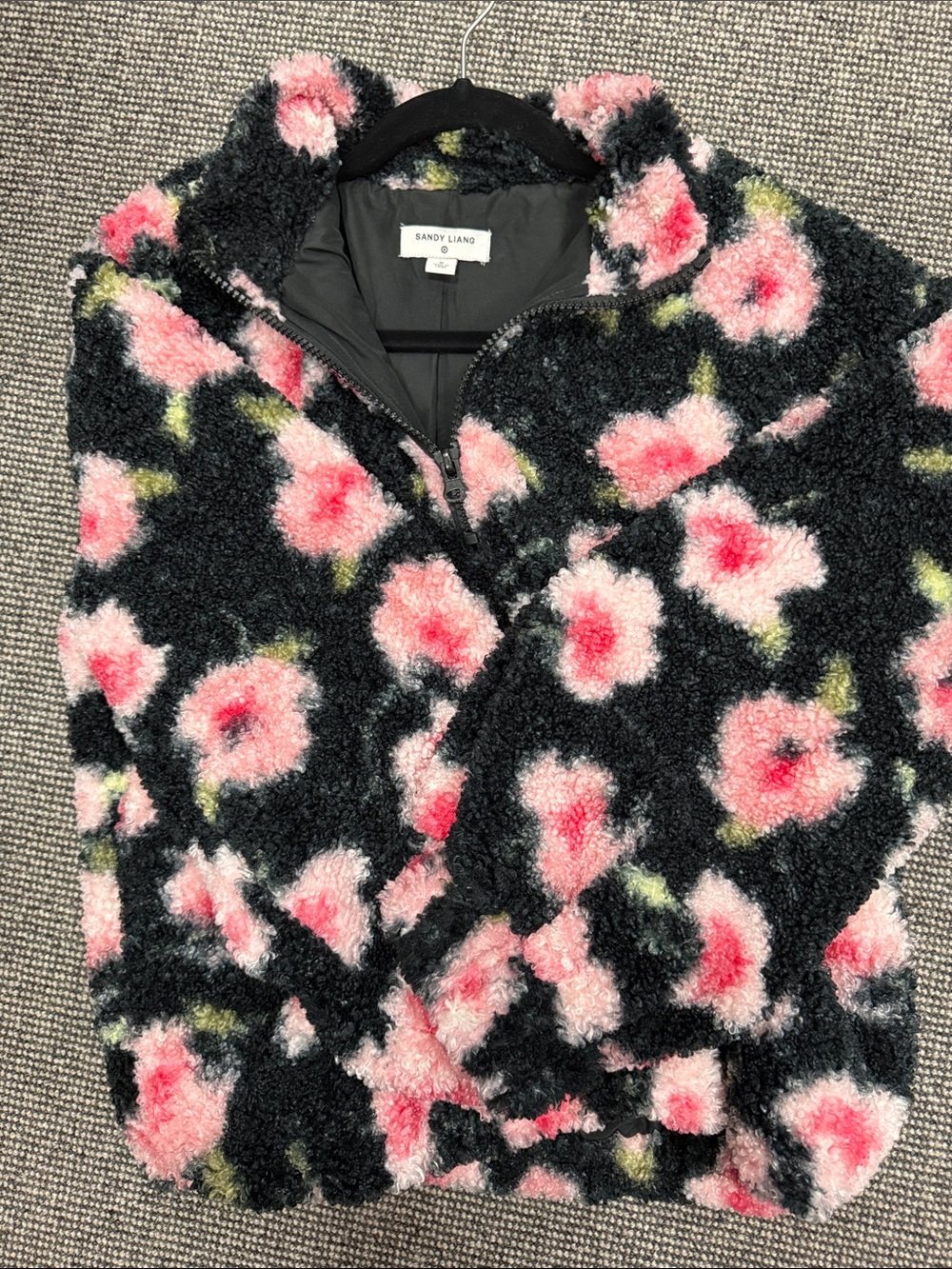 Sandy Liang Black Sherpa Jacket with Pink Floral Print